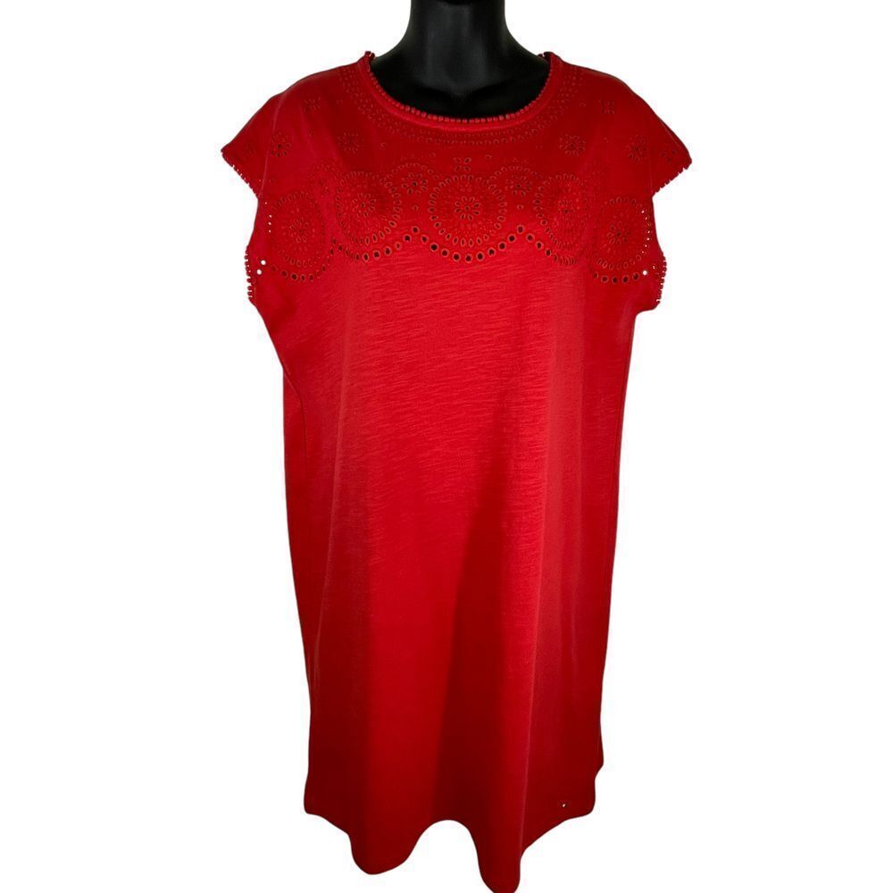 Tommy Hilfiger Red Cotton Eyelet Short‎ Sleeve Mini Dress Size Medium Like New